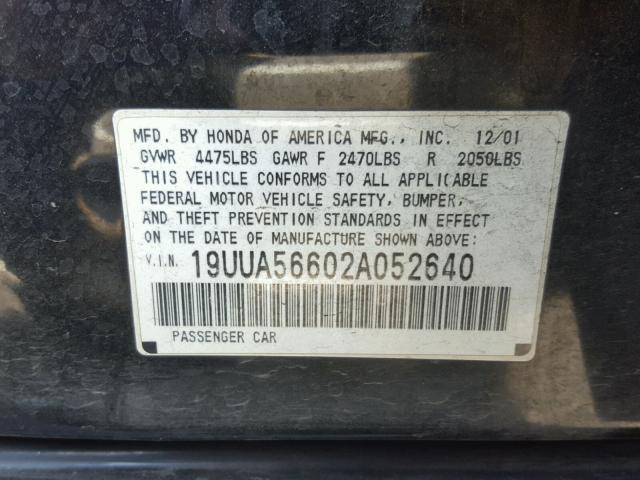 19UUA56602A052640 - 2002 ACURA 3.2TL BLACK photo 10