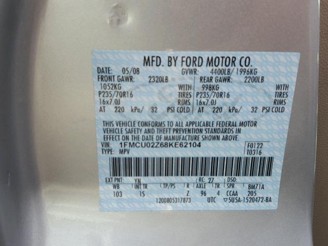 1FMCU02Z68KE62104 - 2008 FORD ESCAPE XLS SILVER photo 10