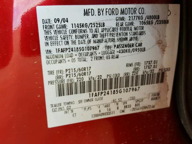 1FAFP24185G107967 - 2005 FORD FIVE HUNDR RED photo 10