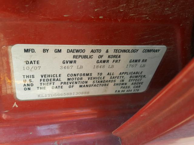 KL1TD56658B130888 - 2008 CHEVROLET AVEO BASE Қызыл фото 10