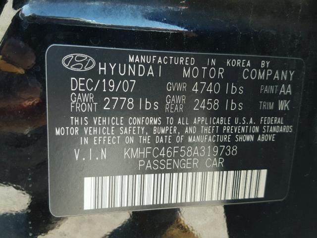 KMHFC46F58A319738 - 2008 HYUNDAI AZERA SE BLACK photo 10