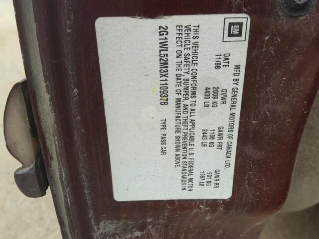 2G1WL52M3X1109378 - 1999 CHEVROLET LUMINA BAS ბურგუნდია ფოტო 10