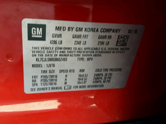 KL7CJLSB0GB652493 - 2016 CHEVROLET TRAX RED photo 10