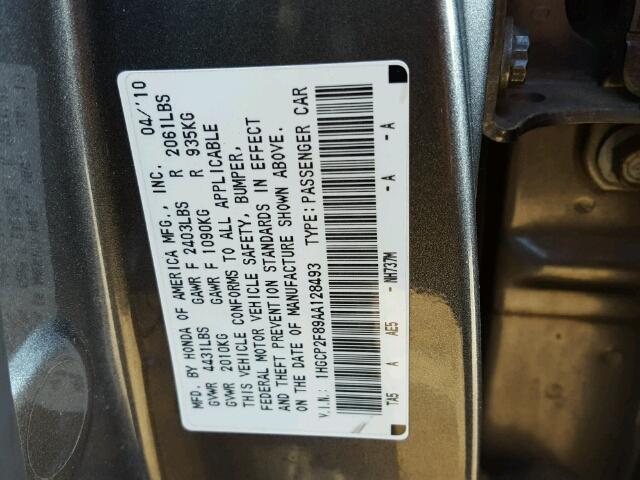 1HGCP2F89AA128493 - 2010 HONDA ACCORD EXL GRAY photo 10