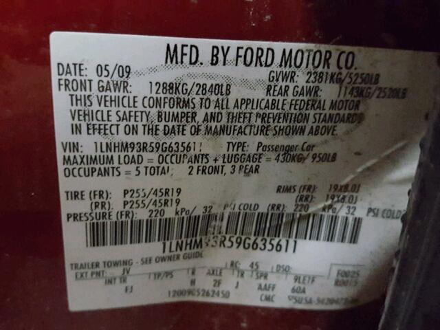 1LNHM93R59G635611 - 2009 LINCOLN MKS MAROON photo 10