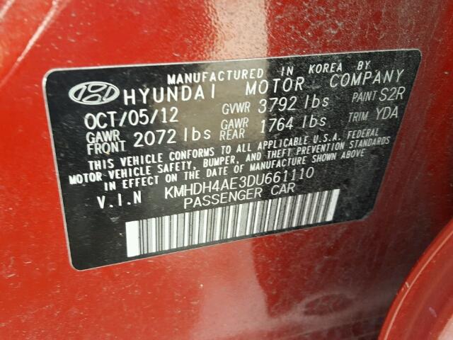 KMHDH4AE3DU661110 - 2013 HYUNDAI ELANTRA GL RED photo 10