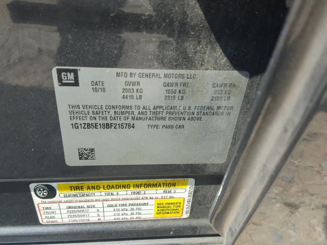 1G1ZB5E18BF216784 - 2011 CHEVROLET MALIBU LS ნაცრისფერი ფოტო 10