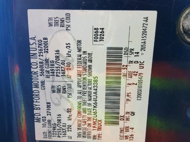 1FMZU67K64UA43385 - 2004 FORD EXPLORER S 蓝色 照片 10