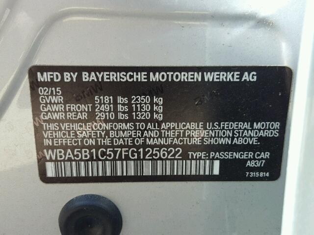 WBA5B1C57FG125622 - 2015 BMW 535 I SILVER photo 10