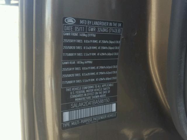 SALAK2D41BA588150 - 2011 LAND ROVER LR4 HSE LU BROWN photo 10