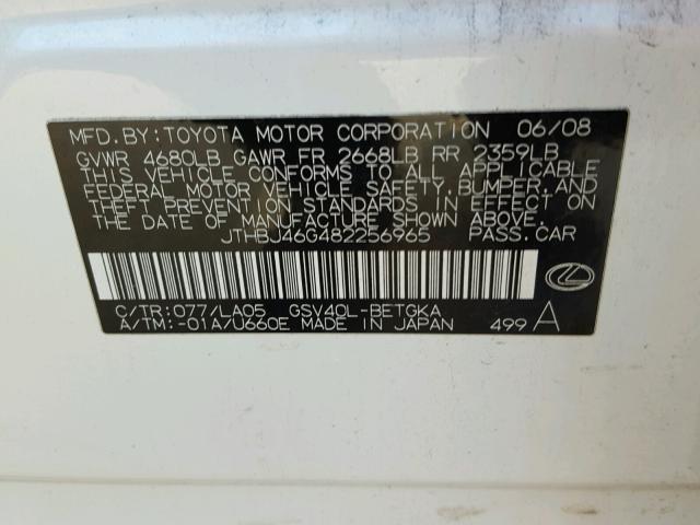 JTHBJ46G482256965 - 2008 LEXUS ES WHITE photo 10