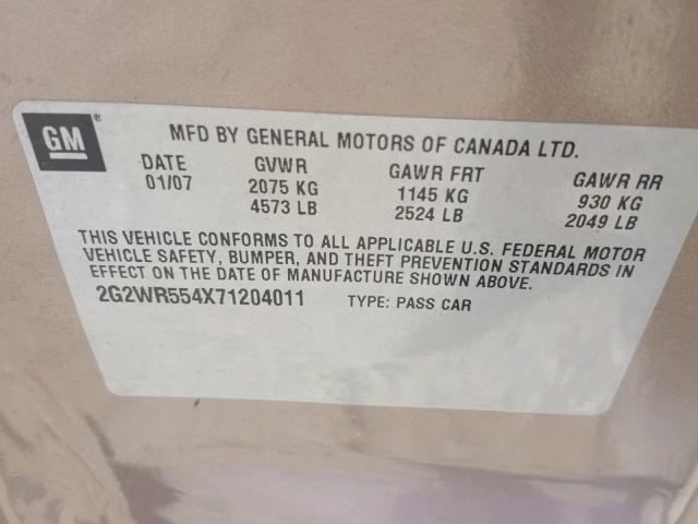 2G2WR554X71204011 - 2007 PONTIAC GRAND PRIX Золотий фото 10
