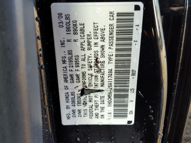 1HGCM56426A117494 - 2006 HONDA ACCORD BLACK photo 9