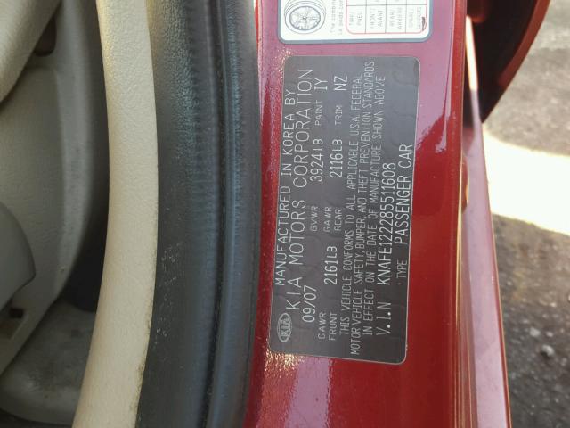 KNAFE122285511608 - 2008 KIA SPECTRA EX RED photo 10