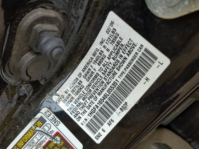 1HGFA16546L055351 - 2006 HONDA CIVIC LX BLACK photo 10