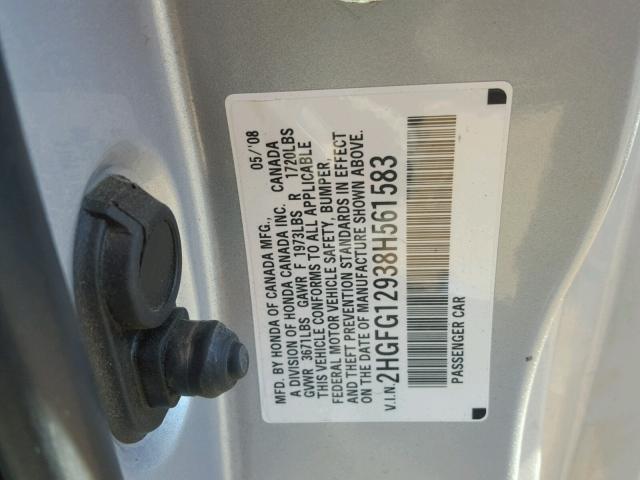 2HGFG12938H561583 - 2008 HONDA CIVIC EXL SILVER photo 10