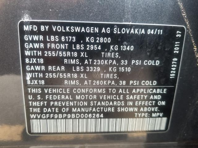 WVGFF9BP9BD006264 - 2011 VOLKSWAGEN TOUAREG V6 GRAY photo 10