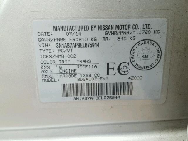 3N1AB7AP9EL675944 - 2014 NISSAN SENTRA S GRAY photo 10