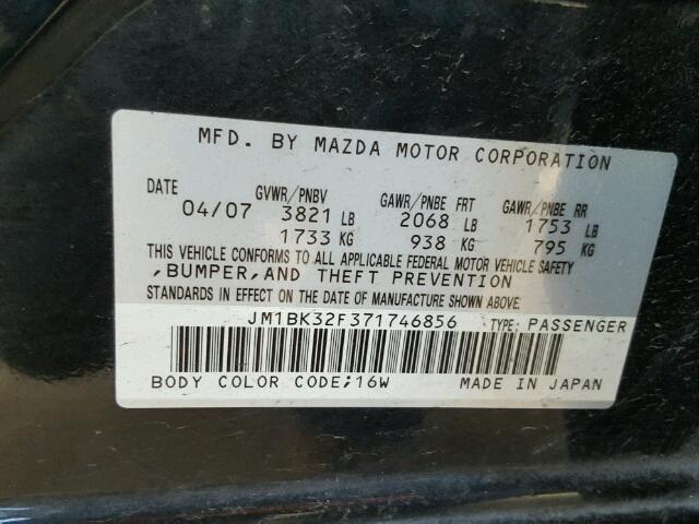 JM1BK32F371746856 - 2007 MAZDA 3 BLACK photo 10