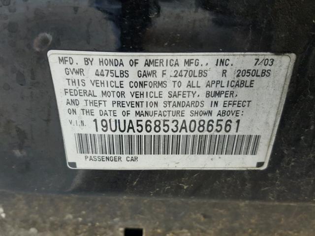 19UUA56853A086561 - 2003 ACURA 3.2TL TYPE BLACK photo 10