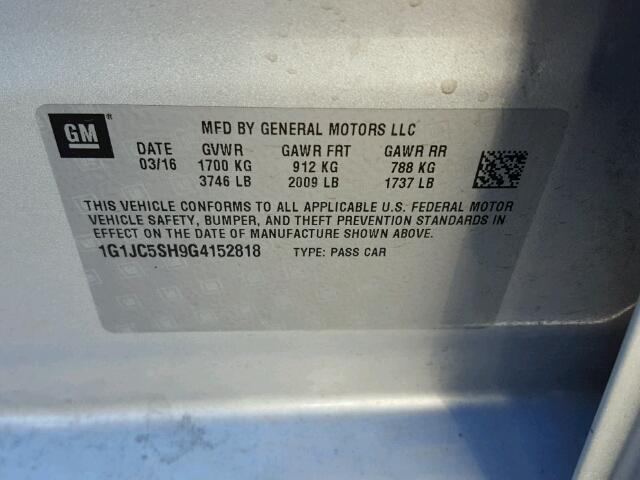 1G1JC5SH9G4152818 - 2016 CHEVROLET SONIC SILVER photo 10