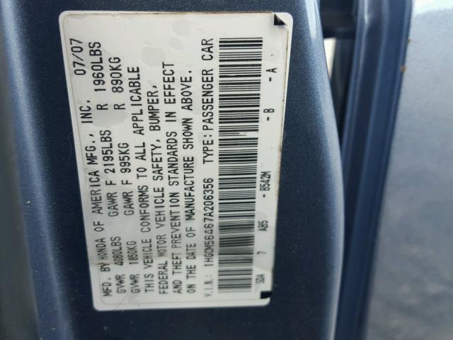 1HGCM56467A206356 - 2007 HONDA ACCORD LX BLUE photo 10