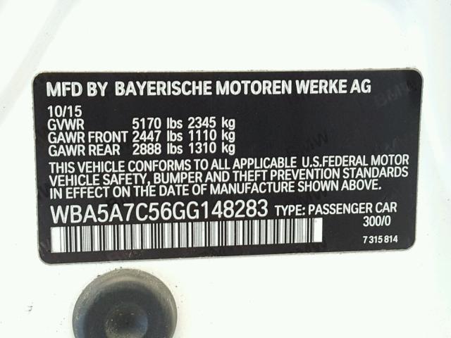 WBA5A7C56GG148283 - 2016 BMW 528 XI WHITE photo 10