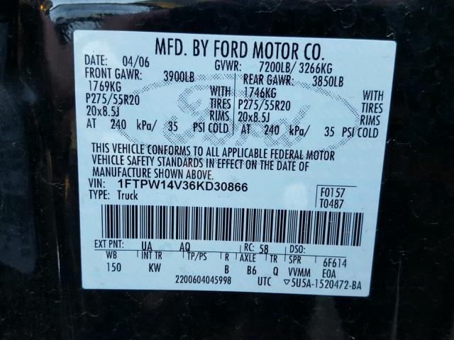 1FTPW14V36KD30866 - 2006 FORD F150 BLACK photo 10