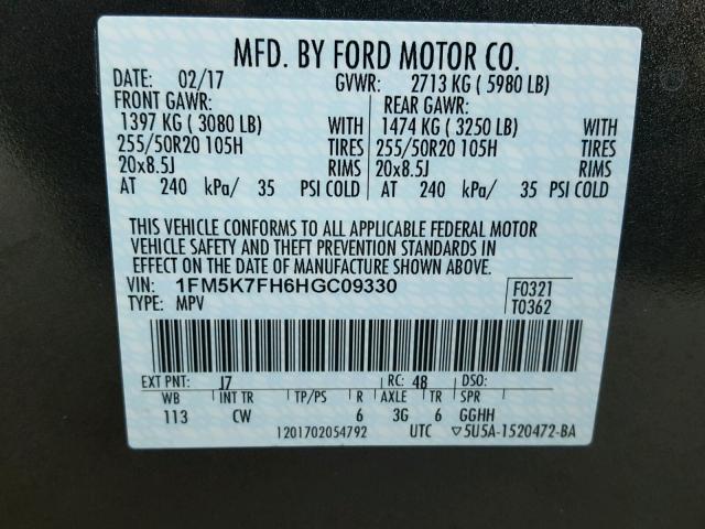 1FM5K7FH6HGC09330 - 2017 FORD EXPLORER L CHARCOAL photo 10