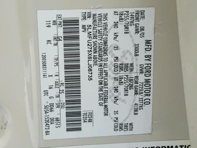 5LMFU275X6LJ08735 - 2006 LINCOLN NAVIGATOR Beżowy zdjęcie 10