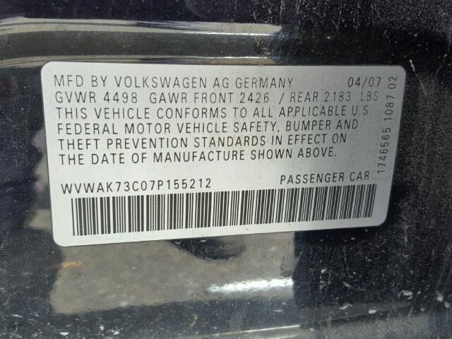 WVWAK73C07P155212 - 2007 VOLKSWAGEN PASSAT 2.0 BLACK photo 10