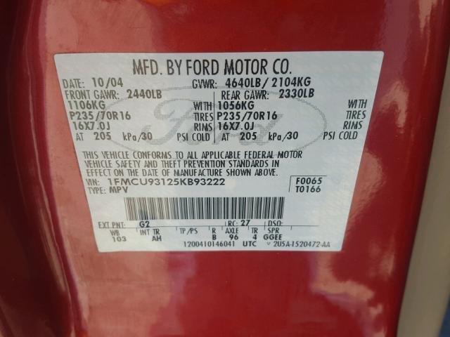 1FMCU93125KB93222 - 2005 FORD ESCAPE XLT RED photo 10