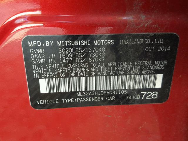 ML32A3HJ0FH031105 - 2015 MITSUBISHI MIRAGE DE RED photo 10