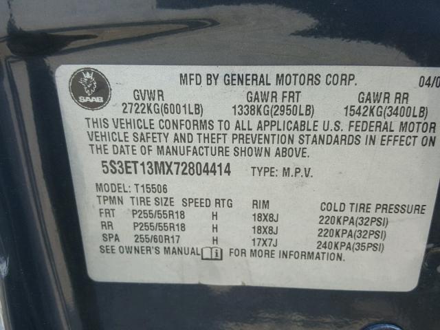 5S3ET13MX72804414 - 2007 SAAB 9-7X 5.3I GRAY photo 10