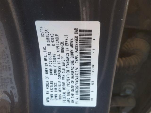 1HGCR2F54EA157924 - 2014 HONDA ACCORD SPO GRAY photo 10