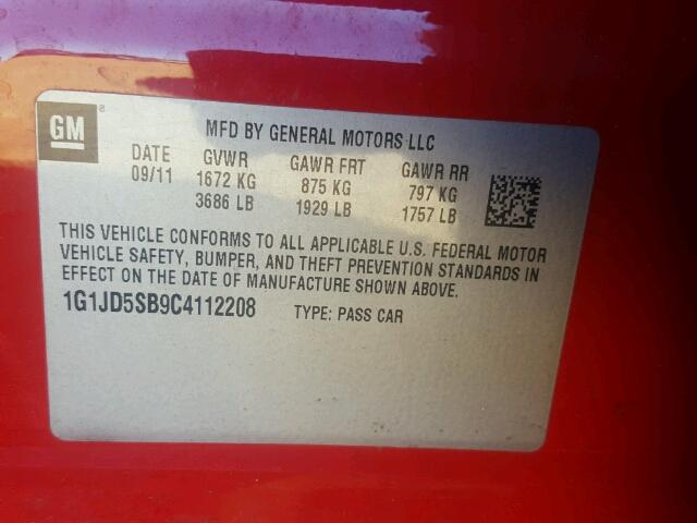 1G1JD5SB9C4112208 - 2012 CHEVROLET SONIC LT RED photo 10