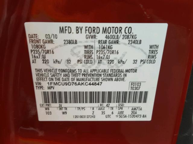 1FMCU9D76AKC44847 - 2010 FORD ESCAPE XLT RED photo 10