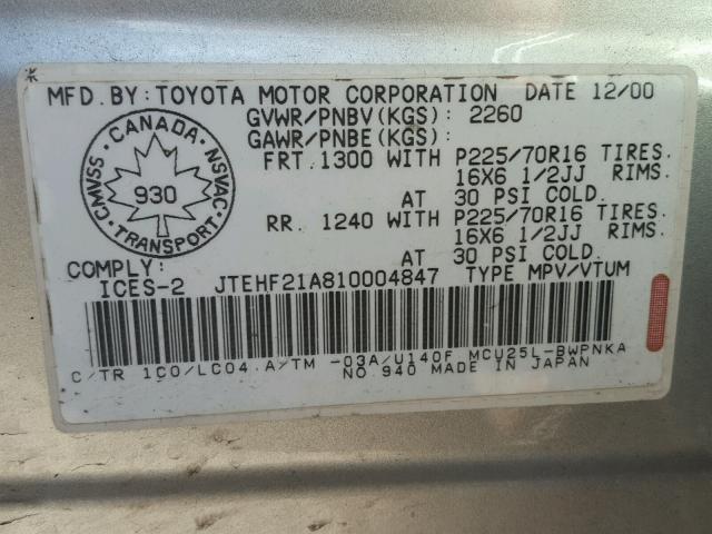 JTEHF21A810004847 - 2001 TOYOTA HIGHLANDER SILVER photo 10