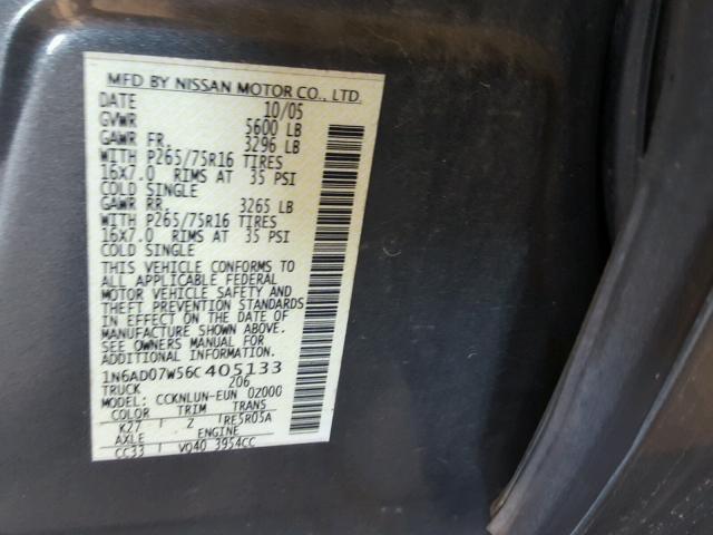 1N6AD07W56C405133 - 2006 NISSAN FRONTIER C GRAY photo 10