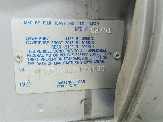 JF1SF65612H701535 - 2002 SUBARU FORESTER S SILVER photo 10