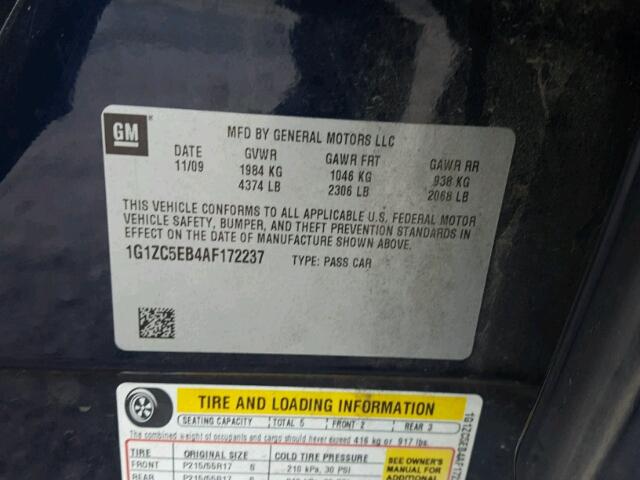 1G1ZC5EB4AF172237 - 2010 CHEVROLET MALIBU 1LT ლურჯი ფოტო 10