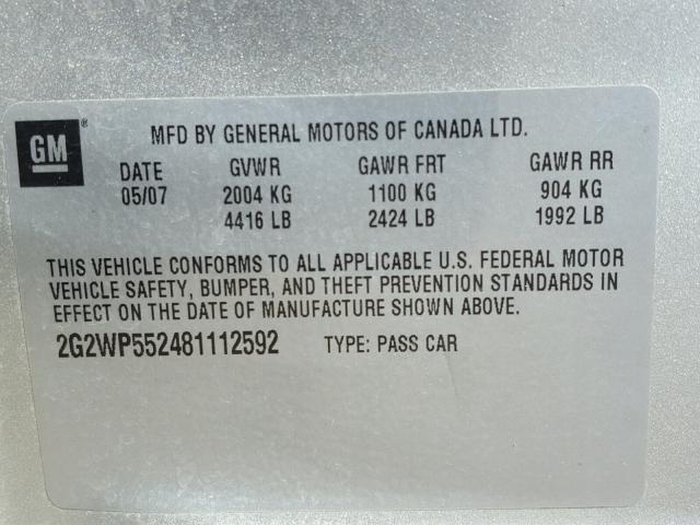 2G2WP552481112592 - 2008 PONTIAC GRAND PRIX SILVER photo 10