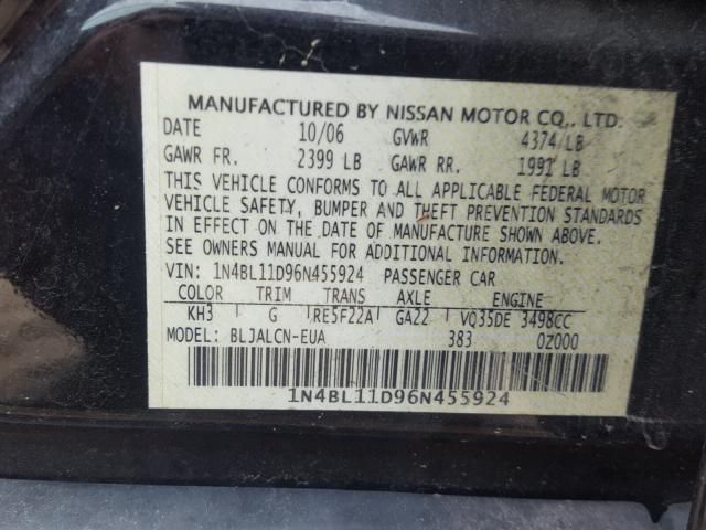 1N4BL11D96N455924 - 2006 NISSAN ALTIMA SE BLACK photo 10