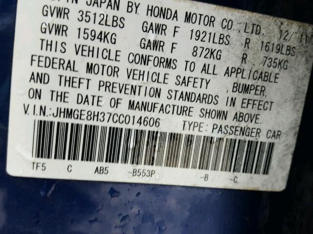 JHMGE8H37CC014606 - 2012 HONDA FIT BLUE photo 10