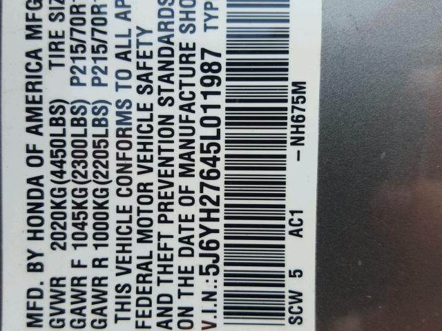 5J6YH27645L011987 - 2005 HONDA ELEMENT EX Gri fotoğraf 10