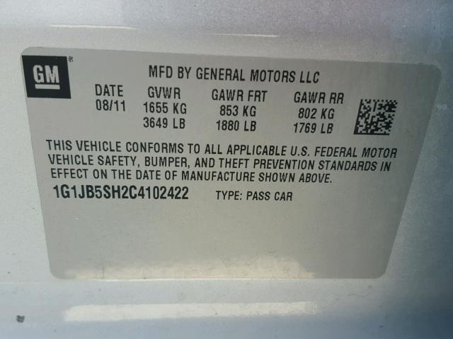 1G1JB5SH2C4102422 - 2012 CHEVROLET SONIC LS SILVER photo 10