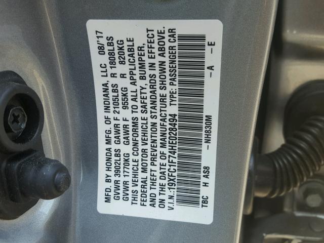 19XFC1F74HE028494 - 2017 HONDA CIVIC EXL Gümüş foto 10