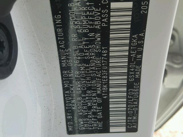 4T1BK1EB3FU177481 - 2015 TOYOTA AVALON XLE 白色 照片 10