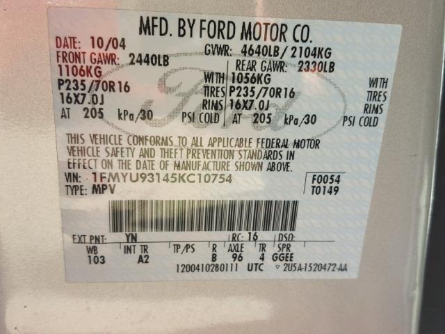 1FMYU93145KC10754 - 2005 FORD ESCAPE XLT SILVER photo 10