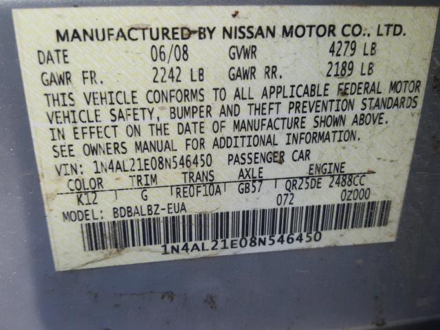 1N4AL21E08N546450 - 2008 NISSAN ALTIMA 2.5 SILVER photo 10